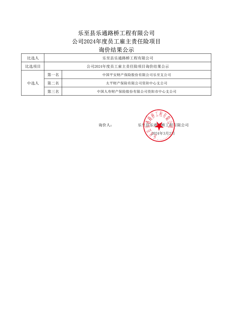 乐至县乐通路桥工程有限公司2024年度员工雇主责任险项目询价结果公示_1